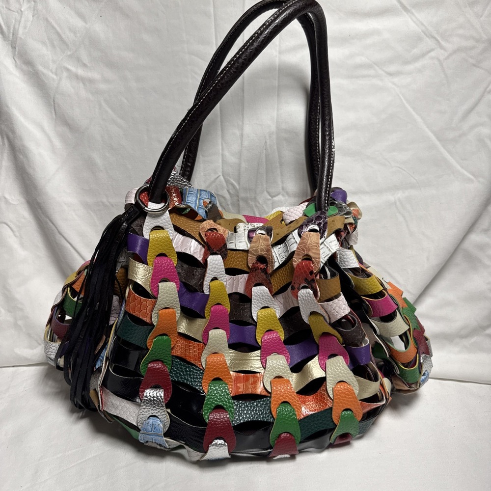 Vintage GG…ing Large Multicolored Hobo Bag W/Unique Woven Leather Links Y2K - Picture 2 of 10